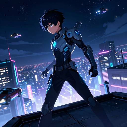 Anime-style digital art: Black-haired, blue-eyed male in futuristic black armor stands on rooftop, gazing at neon-lit, starry cityscape