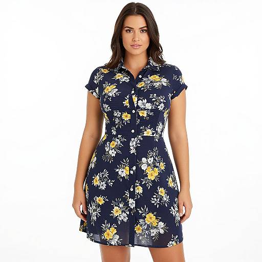 Photograph of a woman with long dark hair, wearing a navy blue floral dress with yellow and white daisies, standing against a white background.
