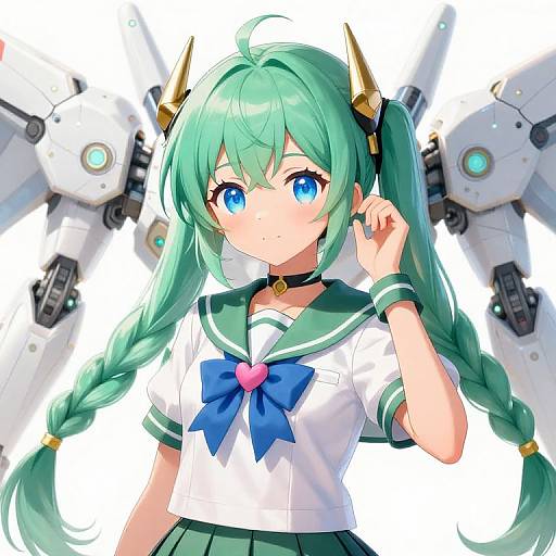 Anime-style digital illustration of a green-haired girl with blue eyes, wearing a white sailor uniform with a blue bow and heart, surrounded by futuristic robotic arms