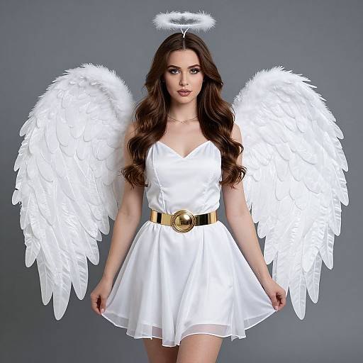 Photograph of a brunette woman with long wavy hair, wearing a white angel dress, gold belt, white feather wings, halo, and gray background