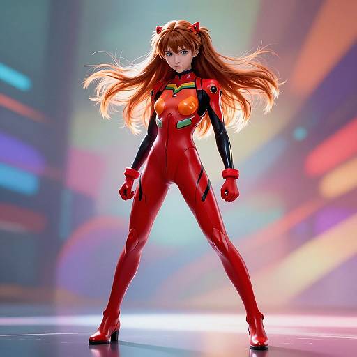 Digital anime-style artwork of Asuka Langley Soryu from Evangelion, standing confidently in a red, glossy, form-fitting plug suit with