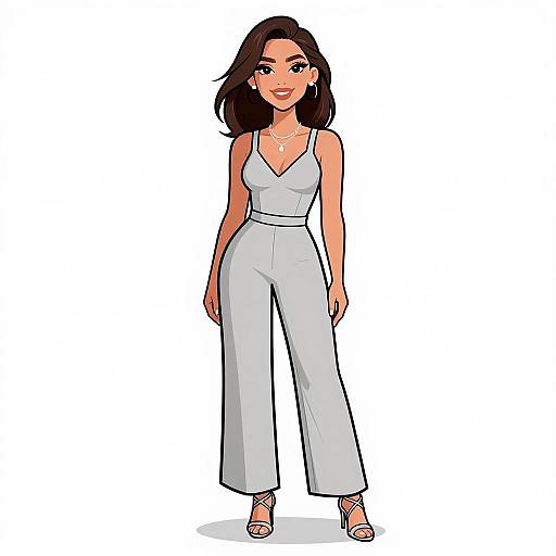 Digital illustration of a smiling woman with medium-length dark brown hair, wearing a white V-neck jumpsuit and white sandals, standing against a white background.