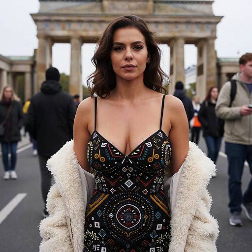 Photograph of a confident brunette woman with wavy hair, wearing a black patterned dress with a plunging neckline, white fur coat, standing in