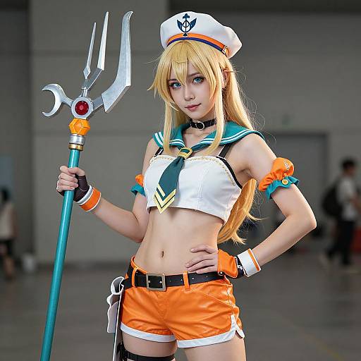Blonde anime cosplayer in white sailor hat, orange shorts, and crop top, holding trident, standing confidently indoors. Photorealistic CGI.
