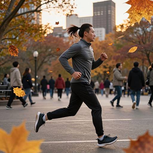 Photograph of an Asian man with a ponytail, running in a park during autumn, wearing a gray long-sleeve shirt, black pants,