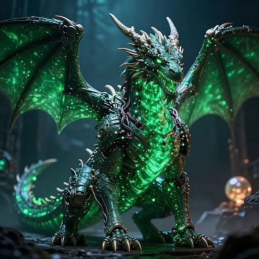 CGI digital artwork of a glowing green, bioluminescent dragon with sharp spikes, large wings, and a menacing stance in a dark, mystical