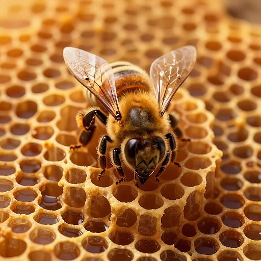 Close-up photograph of a fuzzy, black-and-yellow bumblebee with translucent wings on a golden honeycomb, highlighting its detailed texture and the hexagonal
