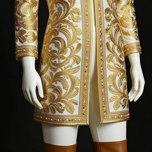 Photograph of a white mannequin wearing an ornate, gold-embroidered white jacket with intricate floral patterns, white pants, and brown