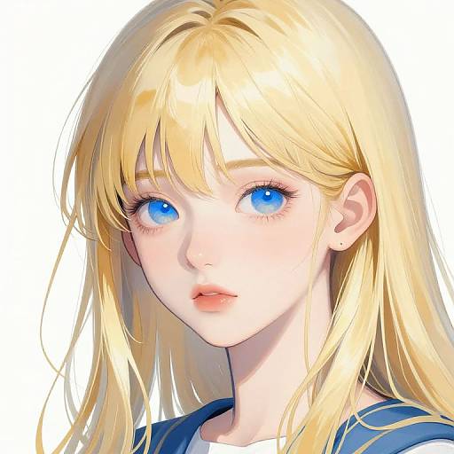 Digital anime-style portrait of a blonde woman with large blue eyes, fair skin, and slightly parted lips, wearing a blue sailor-style top. White background