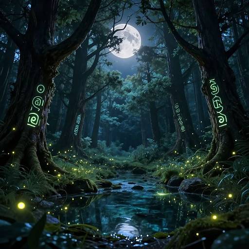 Digital fantasy artwork of a moonlit forest with glowing fireflies, illuminated letters 
