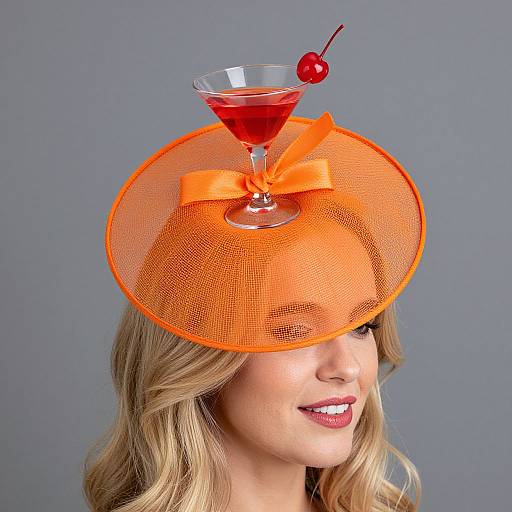Photograph of a smiling blonde woman with wavy hair wearing an orange mesh fascinator hat topped with a cocktail glass and cherry, against a gray background