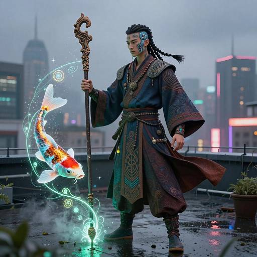Neon Rooftop Shaman with Holographic Koi