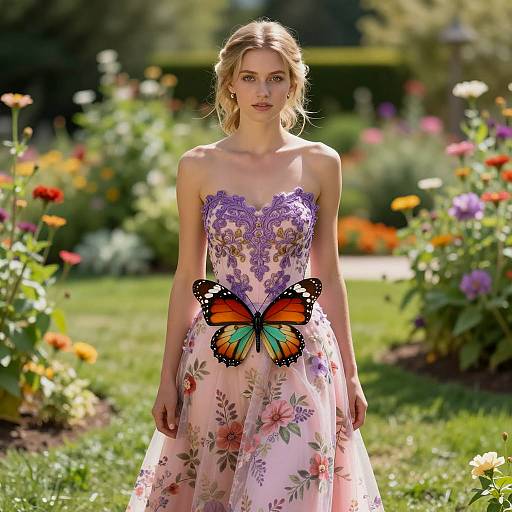 Woman in Butterfly Prom Dress in Flower Garden