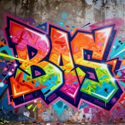 Vibrant graffiti artwork on a weathered wall featuring bold, multicolored letters in orange, pink, blue, and yellow with neon outlines and