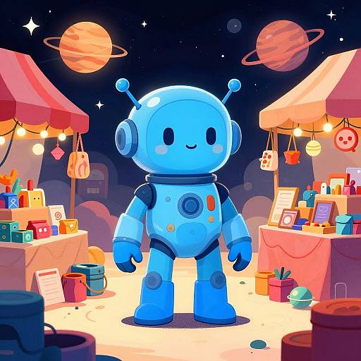Whimsical Blue Robot in Space Bazaar
