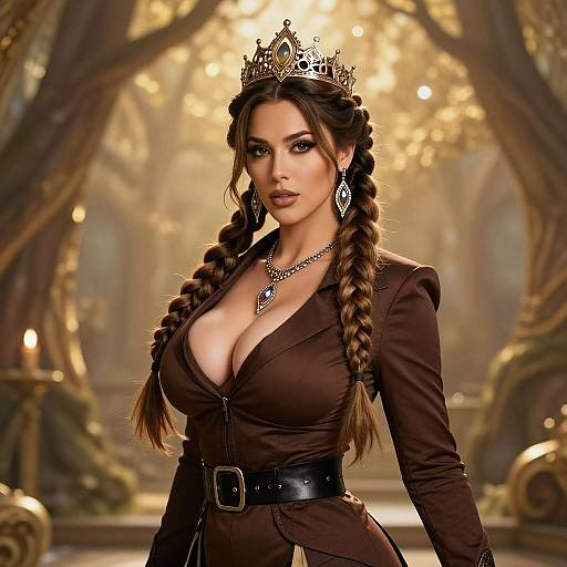 Digital artwork of a voluptuous woman with long braided brown hair, wearing a brown blazer, black belt, and crown, with large cleavage