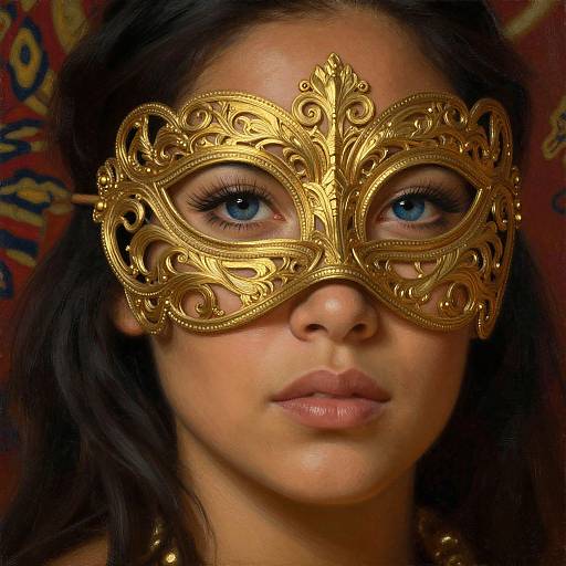 Photograph of a young woman with blue eyes, wearing an ornate, gold masquerade mask with intricate designs, against a colorful, patterned