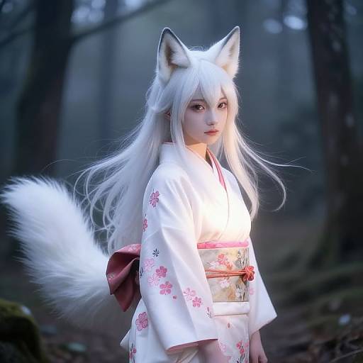 Photorealistic CGI of a white-haired, fox-eared woman in a white floral kimono with a red obi, standing in a misty