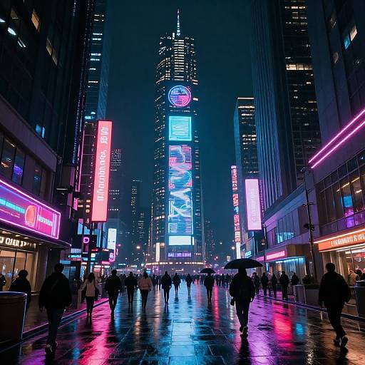 Neon-lit, rainy night scene of a bustling city street with colorful skyscraper signs, pedestrians, and reflective wet pavement. Photograph.