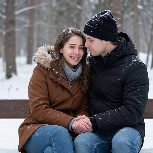 Photograph of a smiling couple sitting on a snowy bench, the woman in a brown coat and gray scarf, the man in a black hoodie and be