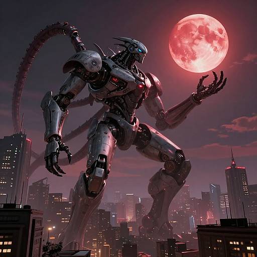 Digital artwork of a giant, cybernetic, tentacled alien with glowing blue eyes holding a red full moon over a dark, futuristic cityscape