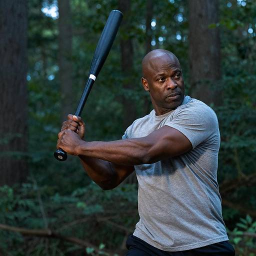 Muscular Man Poised to Swing Bat