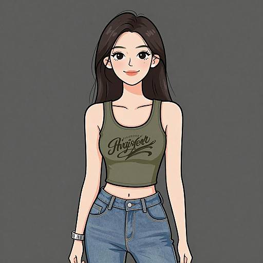 Digital drawing of a pale-skinned woman with long black hair, wearing a green 