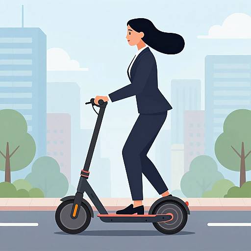 Illustration of a businesswoman with long black hair riding a scooter on a city street, wearing a black suit, in profile view.