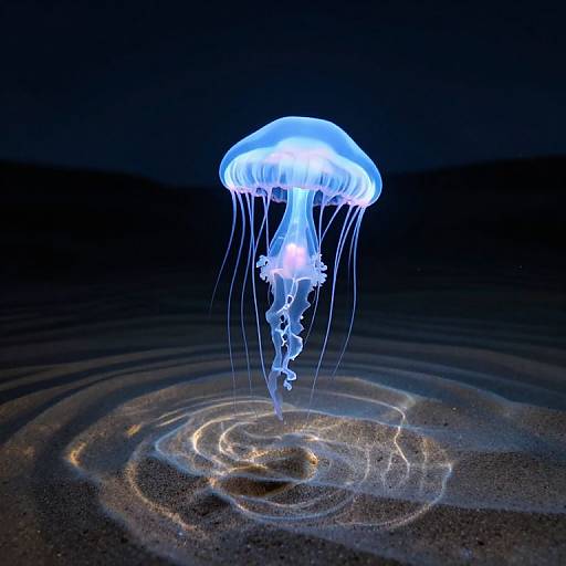 Photograph of a glowing blue jellyfish with translucent tentacles, hovering above rippled sand in a dark, nighttime ocean setting.