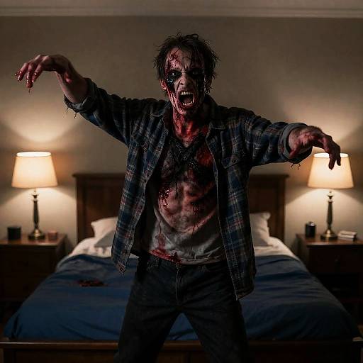 Terrifying Zombie in Dim Bedroom Scene