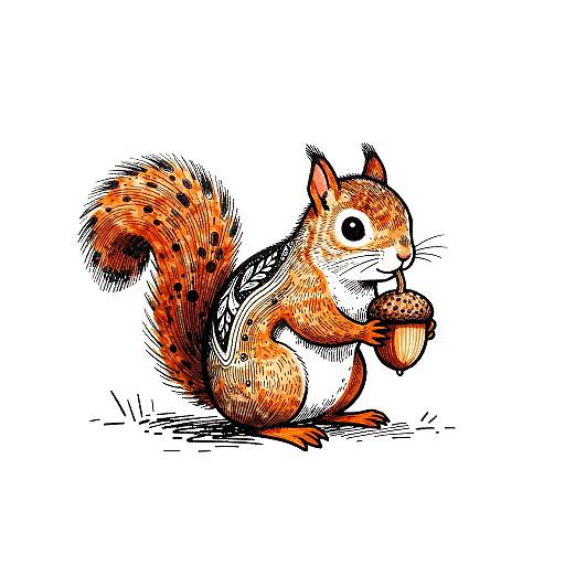 Colorful, detailed digital drawing of a cute, orange-brown squirrel with black spots, large round eyes, and a bushy tail, eating a