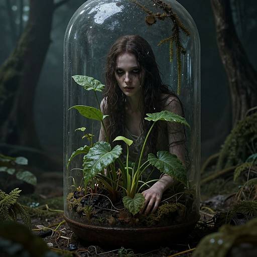 Photograph-style digital art: Pale, long-haired woman with serious expression, wearing a tank top, encased in a glass dome with green plants,