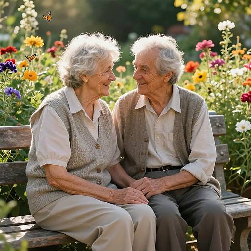 Photograph of elderly couple with white hair, smiling, sitting on a wooden bench in a sunlit garden filled with colorful flowers, wearing casual light clothing