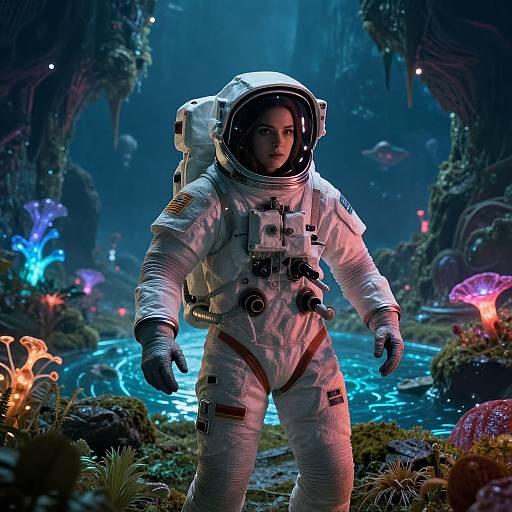 Photorealistic CGI of a young woman in a white spacesuit standing in a glowing, alien forest with bioluminescent plants and a blue,