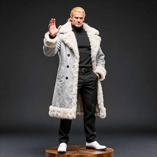 Man in Fur-Trimmed Coat with Raised Hand