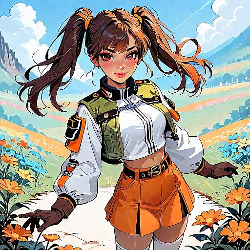 Anime Girl with Twintails in Flower Field