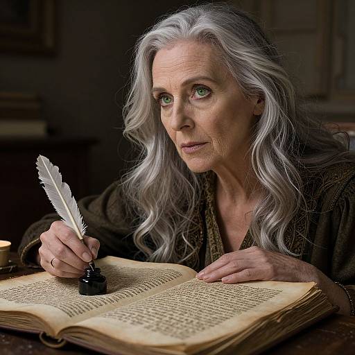 Photograph of an elderly woman with long, wavy silver hair, writing with a white feather quill on an open book. Dimly lit,