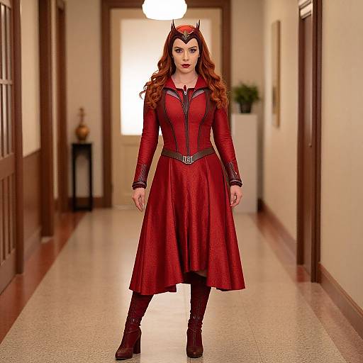 Photograph of a woman in a red, long-sleeved, knee-length dress with black trim, belt, and headband with small horns,