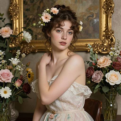 Photograph of a fair-skinned, curly-haired woman with a flower crown, wearing a lace off-shoulder dress, surrounded by vibrant floral arrangements