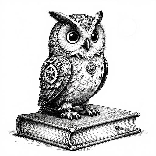 Ink-style drawing of a detailed, steampunk owl with large eyes, ornate patterns on wings, standing on an antique book.