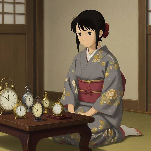Young Japanese Woman with Antique Timepieces