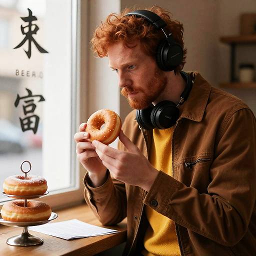 Curly Red-Haired Man with Donut