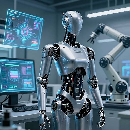 Photorealistic CGI of a shiny silver humanoid robot in a high-tech lab, surrounded by glowing blue computer screens and a microscope.