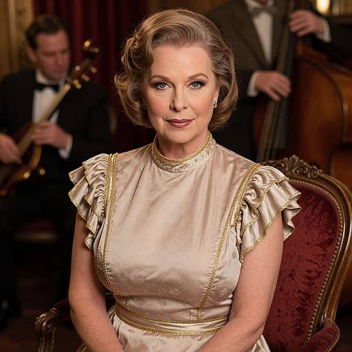 Photograph of a glamorous, fair-skinned woman with vintage-styled brown hair, wearing a satin, ruffled, cream dress, seated in an