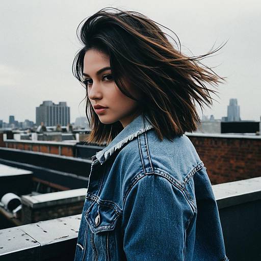 Young woman with shag cut hairstyle on rooftop