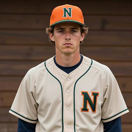 Serious Young Baseball Player in Orange and Green Cap