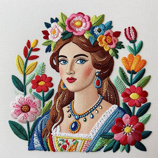 Colorful embroidered portrait of a fair-skinned woman with blue eyes, brown hair, flower crown, blue dress, necklace, surrounded by vibrant flowers.