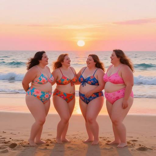 Four plus-size women in colorful bikinis stand on a beach at sunset, laughing and smiling, with waves and a glowing sky behind them. Photographic