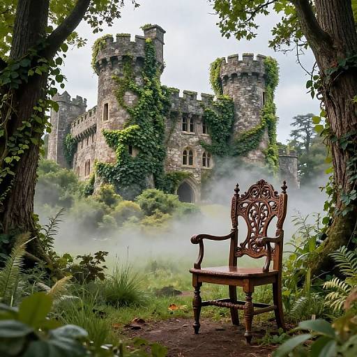 Photograph of a vintage wooden chair with intricate carvings in a misty, overgrown forest, with a majestic, ivy-covered stone castle