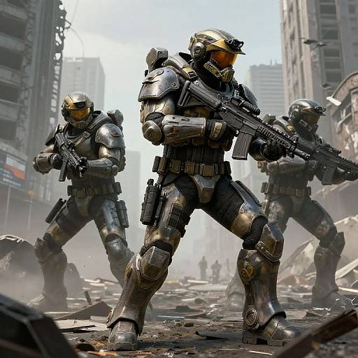 Digital artwork of three armored soldiers with yellow visors, holding rifles, standing in a ruined, smoke-filled city street.